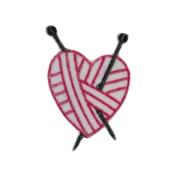 Pink Yarn Ball Heart With Knitting Needles Embroidered Iron On Patch - Picture 4 of 4